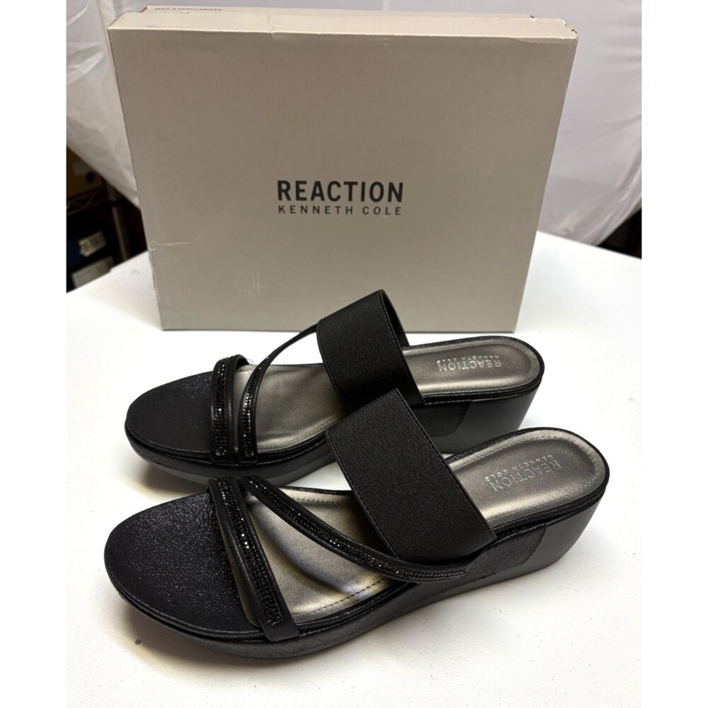 Kenneth Cole Reaction Paula Platform Wedge Sandals Black Elastic Size 11 M